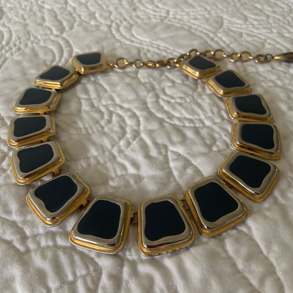 Vintage, 80’s, Navy, Enameled Necklace, Choker Gold & Silver Metal